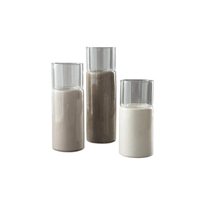 Ceramic And Glass Cylindrical Candle Holder, Set Of 3, Gray And White