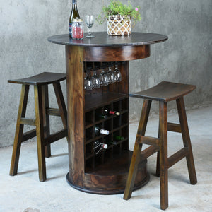 Sunset Trading Cottage 10 Bottle Barrel Bar with 2 Stools | Wine Glass Rack | Solid Wood | Java Brown