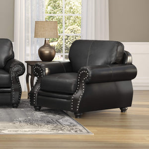 Sunset Trading Charleston 42" Wide Top Grain Leather Armchair | Black Rolled Arm Accent Chair with Nailheads