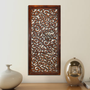 Rectangular Mango Wood Wall Panel with Cutout Scrollwork Details, Brown