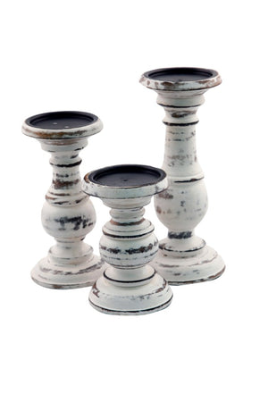 Turned Design Wooden Candle Holder With Distressed Details, Set Of 3