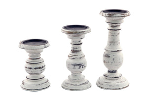 Turned Design Wooden Candle Holder With Distressed Details, Set Of 3