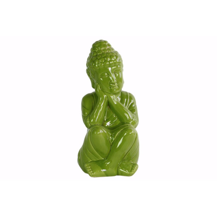 Buddha Figurine with Rounded Ushnisha and Head on Hands - Green - Benzara