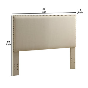 Wooden Full Queen Size Headboard with Nail head Trim Details, Beige