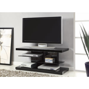 Scintillating Modern TV Stand with Alternating Glass Shelves, Black