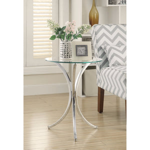 Modish Metal Accent Table With Glass Top, Silver And Clear
