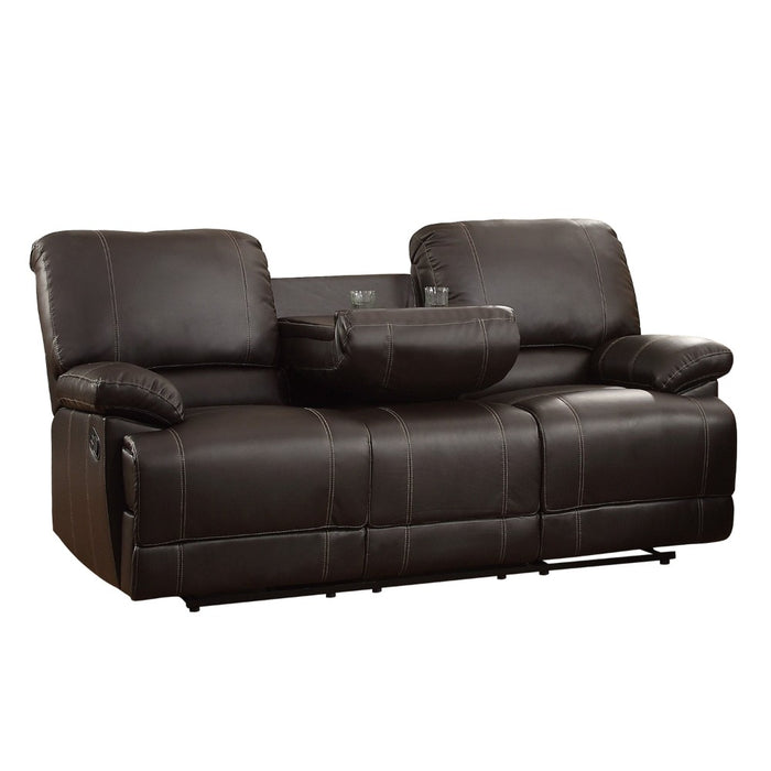 Leather Double Reclining Sofa With Drop Down Cup Holders, Dark Brown