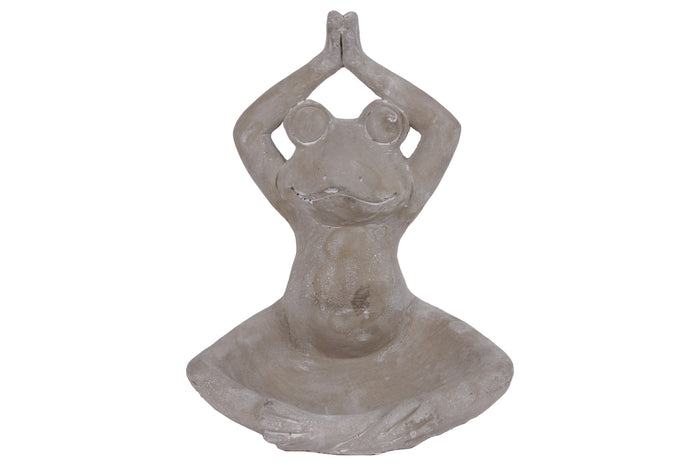 Meditating Frog Figurine In Overhead Namaskara Position With Candle Holder, Gray