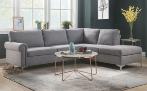 Fabric Upholstered Wooden Sectional Sofa with Metal Legs, Gray and Silver