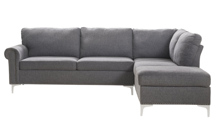 Fabric Upholstered Wooden Sectional Sofa with Metal Legs, Gray and Silver