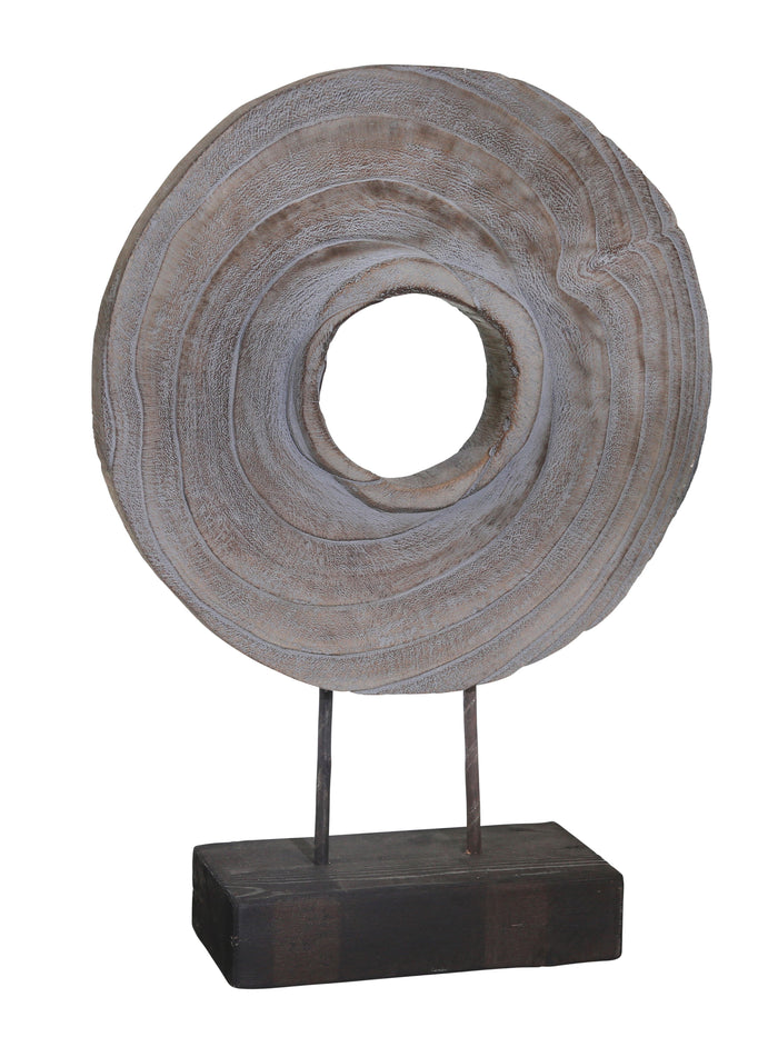Wooden Doughnut Shaped Disk Table Top Décor with Stand Support, Gray (discontinued)