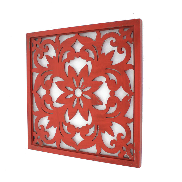 Square Wooden Floral Wall Plaque, Red