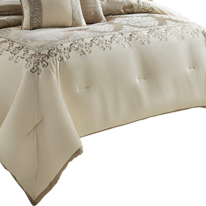10 Piece King Polyester Comforter Set with Damask Print, Cream and Gold
