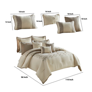 10 Piece King Polyester Comforter Set with Damask Print, Cream and Gold