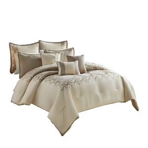 9 Piece Queen Polyester Comforter Set with Damask Print, Cream and Gold