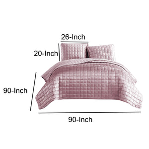 3 Piece Queen Size Coverlet Set with Stitched Square Pattern, Pink