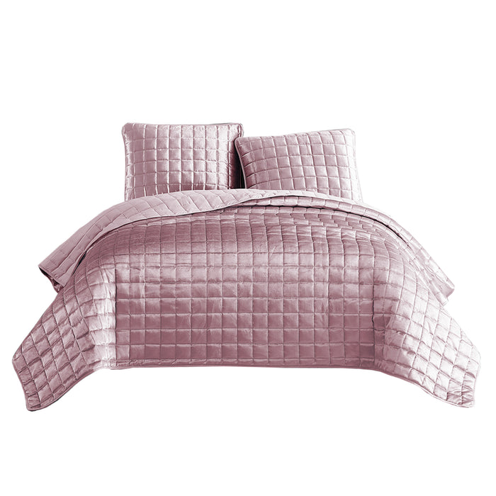 3 Piece Queen Size Coverlet Set with Stitched Square Pattern, Pink
