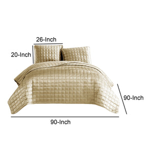 3 Piece Queen Size Coverlet Set with Stitched Square Pattern, Gold