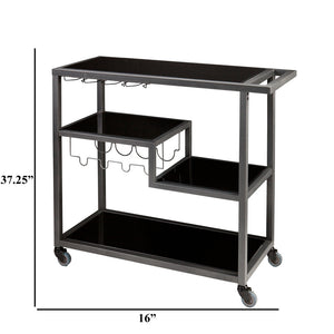 Contemporary Style Metal Bar Cart With Tempered Glass Shelves, Gunmetal Gray Black