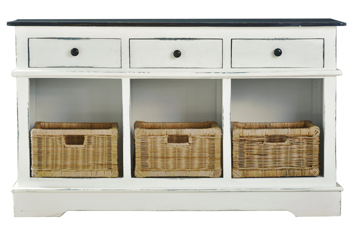 Sunset Trading Cottage Sideboard | 3 Baskets and Drawers | Two Tone  White and Brown