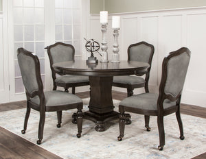 Sunset Trading 5 Piece Vegas Dining and Poker Table Set | Reversible Game Top | Gray Wood | Caster Chairs with Nailheads