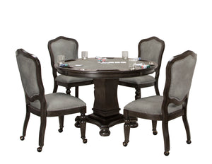 Sunset Trading 5 Piece Vegas Dining and Poker Table Set | Reversible Game Top | Gray Wood | Caster Chairs with Nailheads