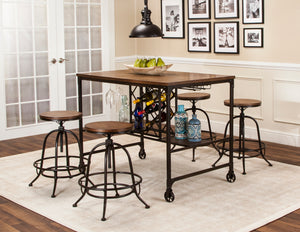 Sunset Trading 5 Piece Rustic Elm Industrial Pub Table Set | Built-In Wine Rack