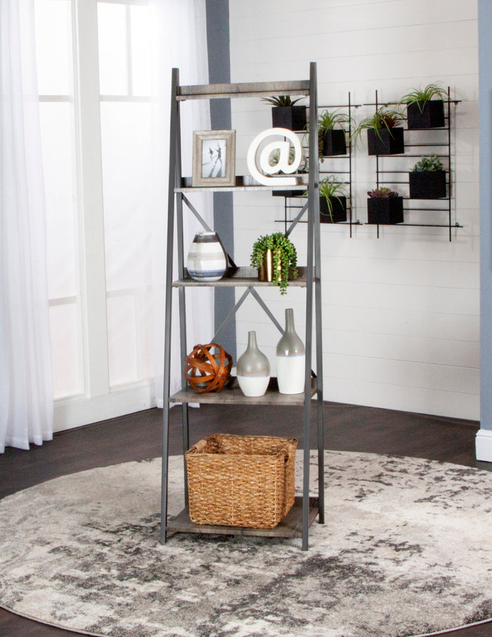 Sunset Trading Star Freestanding Ladder Shelf | 4 Shelves | Kitchen, Dining, Home Office Storage Display | Tall Bookshelf | Gray Metal and Wood