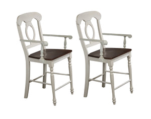 Sunset Trading Andrews Napoleon Barstool with Arms | Antique White with Chestnut Seat | Counter Height Stool | Set of 2