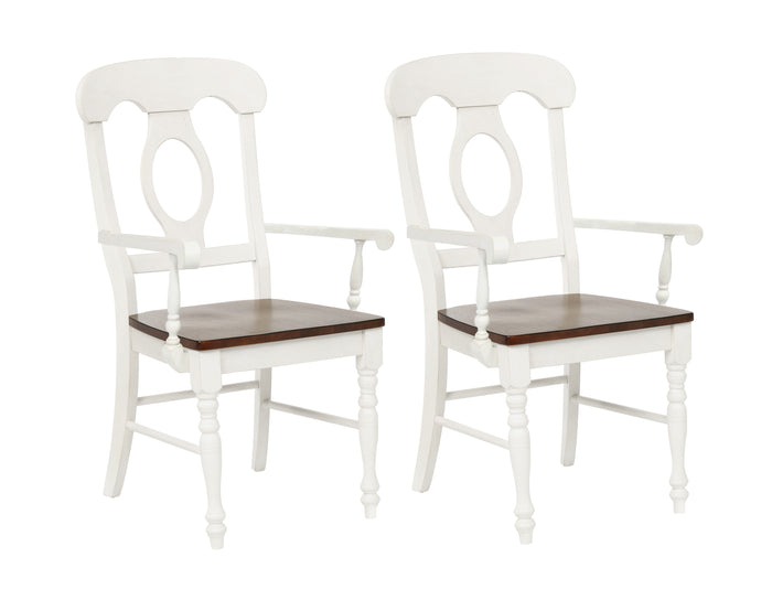 Sunset Trading Andrews Napoleon Arm Chair | Antique White with Chestnut Seat | Set of 2