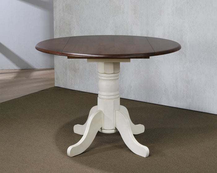Sunset Trading 42" Round Drop Leaf Dining Table | Antique White with Chestnut Top