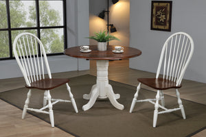 Sunset Trading 3 Piece 42" Round Drop Leaf Dining Set | Antique White with Chestnut Top | Spindleback Chairs