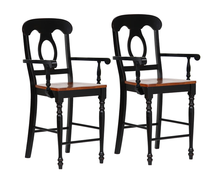 Sunset Trading Napoleon Barstool with Arms | Antique Black and Cherry | Counter Height Stool | Set of 2