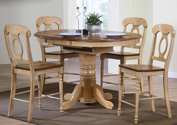 Sunset Trading 5 Piece Brook Round or Oval Butterfuly Leaf Pub Table Set | Napoleon Stools