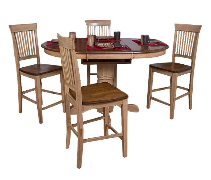 Sunset Trading 5 Piece Brook Round or Oval Butterfly Leaf Pub Table Set | Fancy Slat Stools