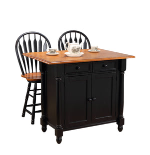 Sunset Trading Antique Black with Cherry Drop Leaf Kitchen Island with 2 Swivel Stools | Breakfast Bar | Drawers | Storage
