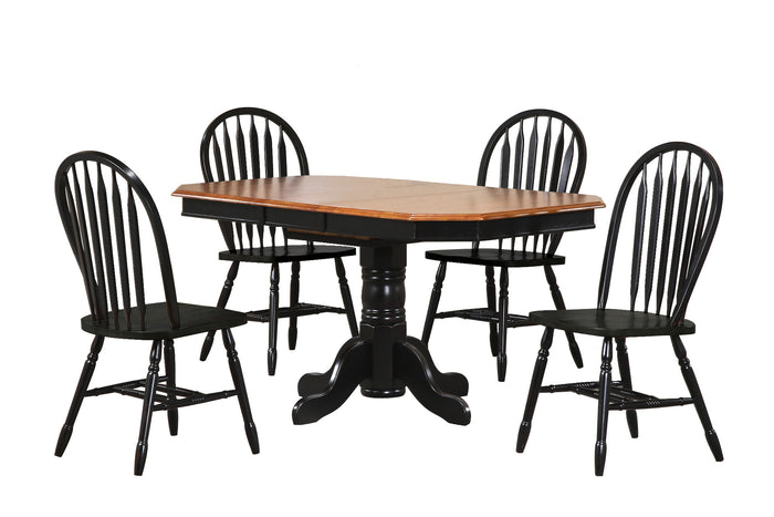 Sunset Trading 5 Piece Pedestal Extendable Dining Set with Antique Black Arrowback Chairs