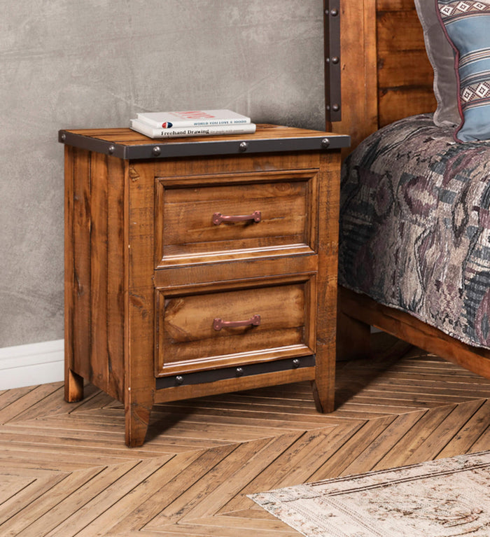 Sunset Trading Rustic City 2 Drawer Nightstand| Industrial Metal Accents