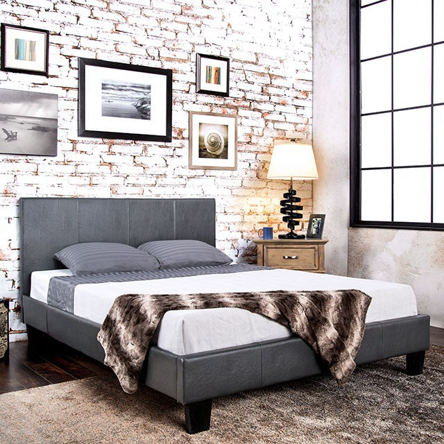 Ameena Contemporary Leatherette Queen Platform Bed in Gray