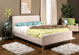 Montes Mid-Century Modern Flannelette Queen Platform Bed in Beige