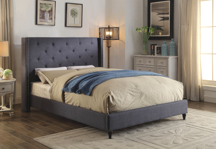 Karen Contemporary Wingback Button Tufted Bed In Blue-Queen