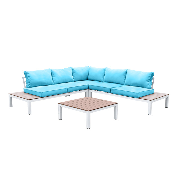 Felisa Contemporary Faux Rattan Patio Sectional with Table in White and Oak and Blue
