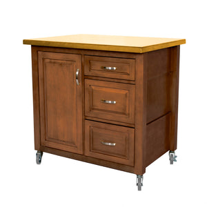 Sunset Trading Kitchen Cart | Light Walnut and Oak | Three Drawers | Adjustable Shelf Cabinet