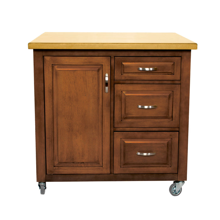 Sunset Trading Kitchen Cart | Light Walnut and Oak | Three Drawers | Adjustable Shelf Cabinet