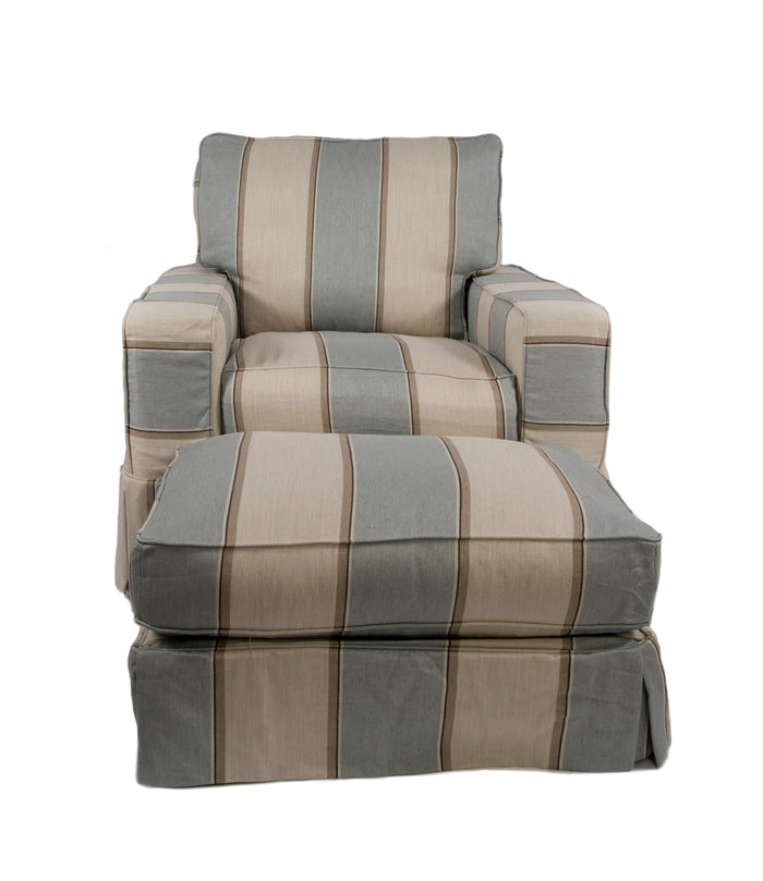 Sunset Trading Americana Box Cushion Slipcovered Chair and Ottoman | Beach House Blue | Striped