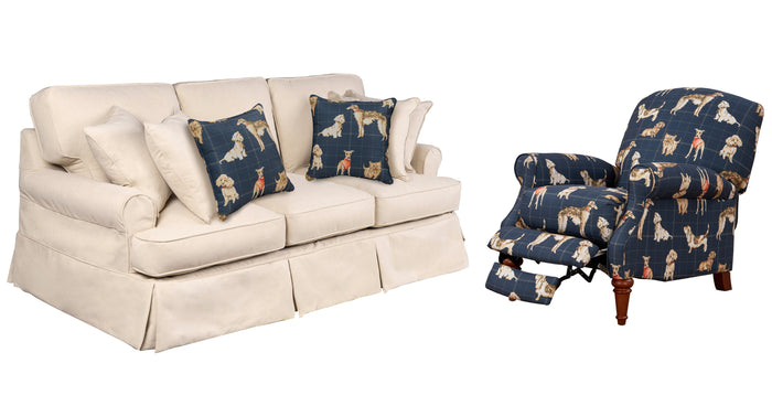 Sunset Trading Horizon 2 Piece Living Room Set | Tan Performance Fabric Slipcovered Sofa | Happy Dog Manual Recliner with Two Matching Pillows