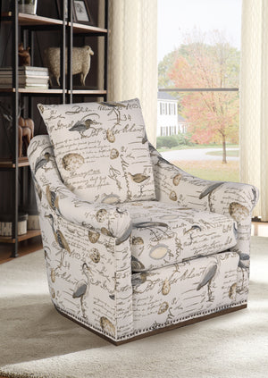 Sunset Trading Birdscript Swivel Chair | Low Back | Rolled Arms | Nailhead Trim