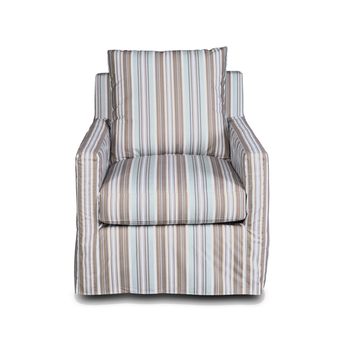 Sunset Trading Seaside Blue Striped Slipcovered Swivel Chair | Performance Fabric | Box Cushion | Track Arm