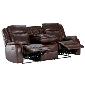 Sunset Trading Avant 86" Wide Dual Reclining Sofa with Drop Down Console | USB, 2 Outlets, Cupholders | Brown Faux Leather