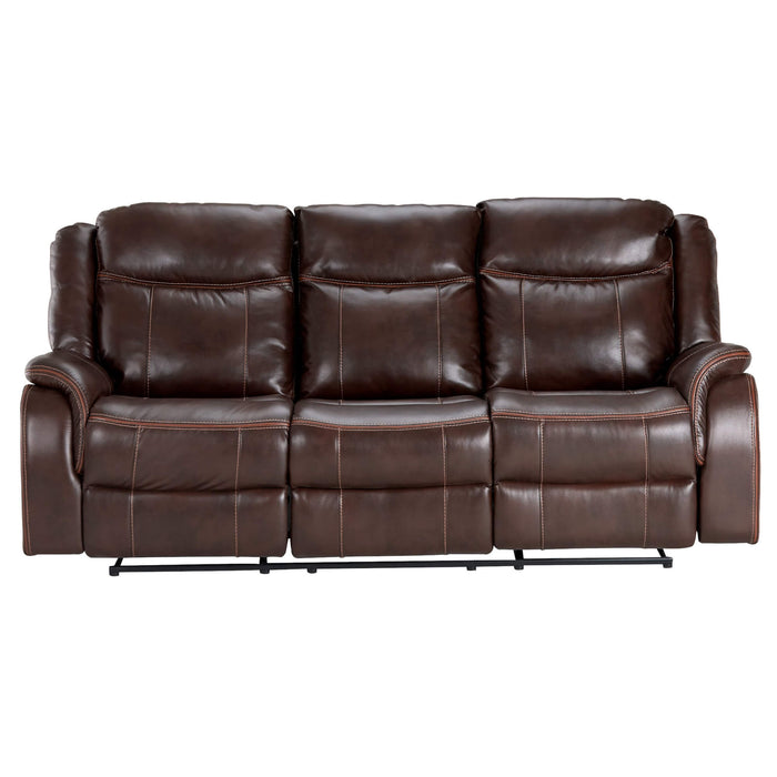 Sunset Trading Avant 86" Wide Dual Reclining Sofa with Drop Down Console | USB, 2 Outlets, Cupholders | Brown Faux Leather